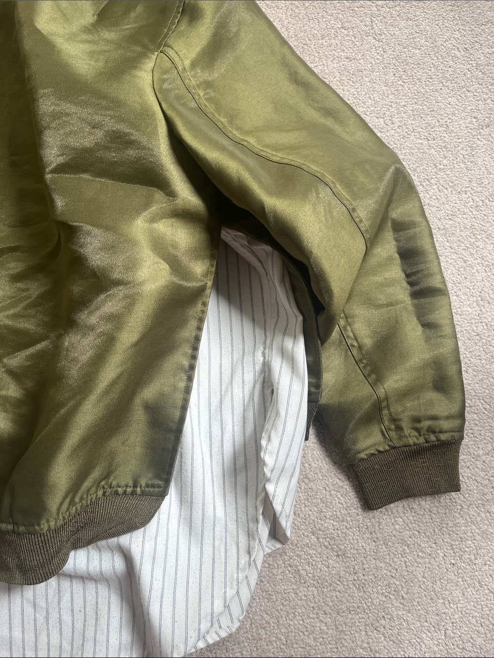 3.1 Phillip Lim Olive Satin Bomber Jacket+striped shirt lining - Picture 12 of 12